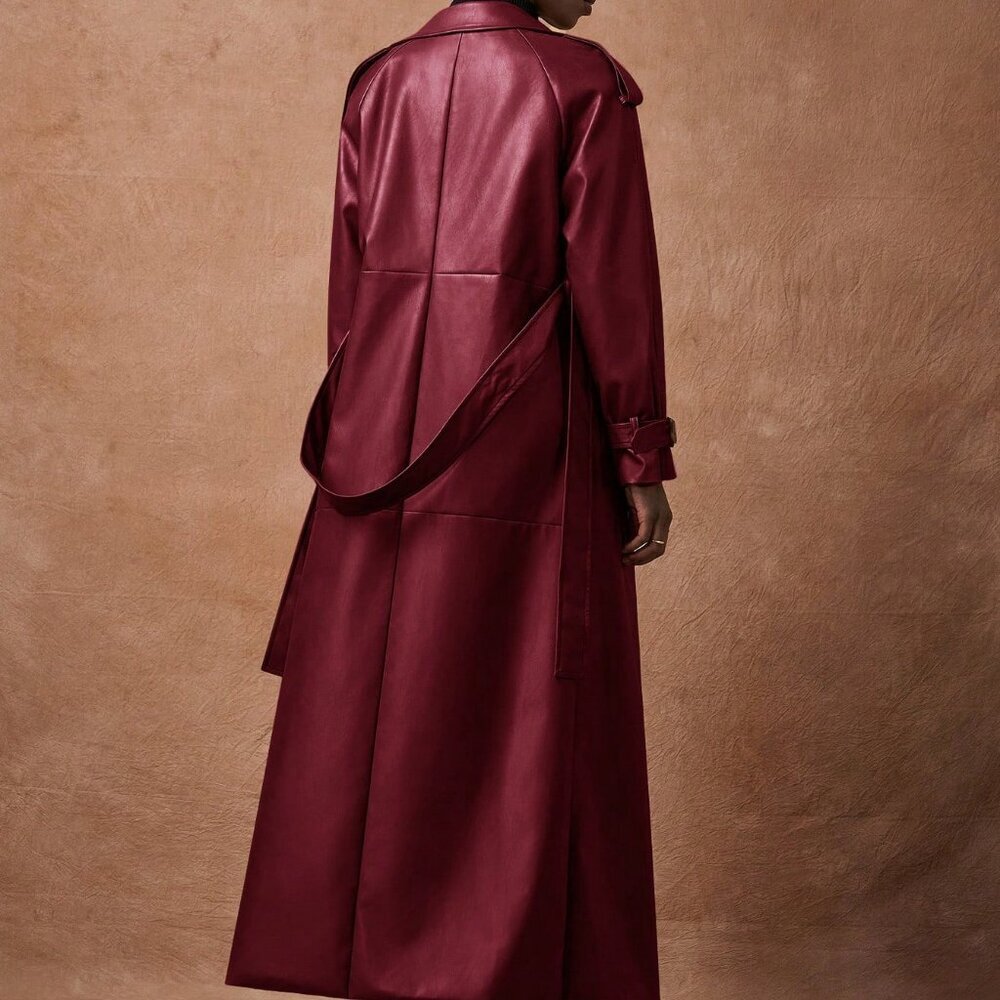 Burgundy Elegant Women's Lapel faux leather belted Long trench Coat - Picture 2 of 8